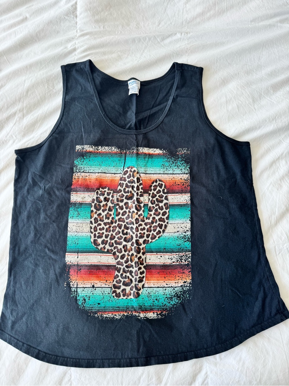 Port and Company Black Tank Top with Turquoise and Coral Serape Cactus
